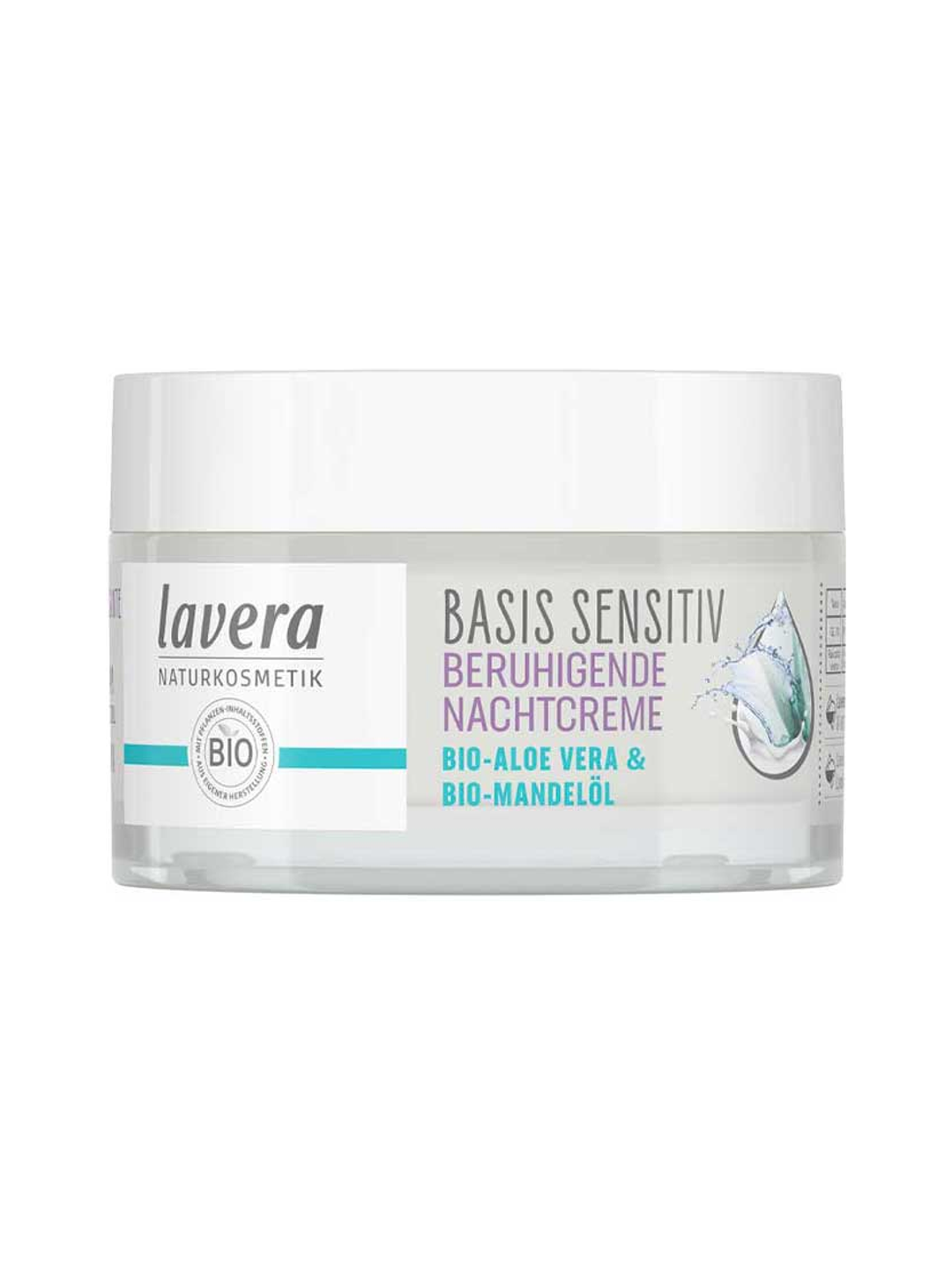 Lavera Basis Sensitiv Calming Night Cream 50ml closed jar on a white background.