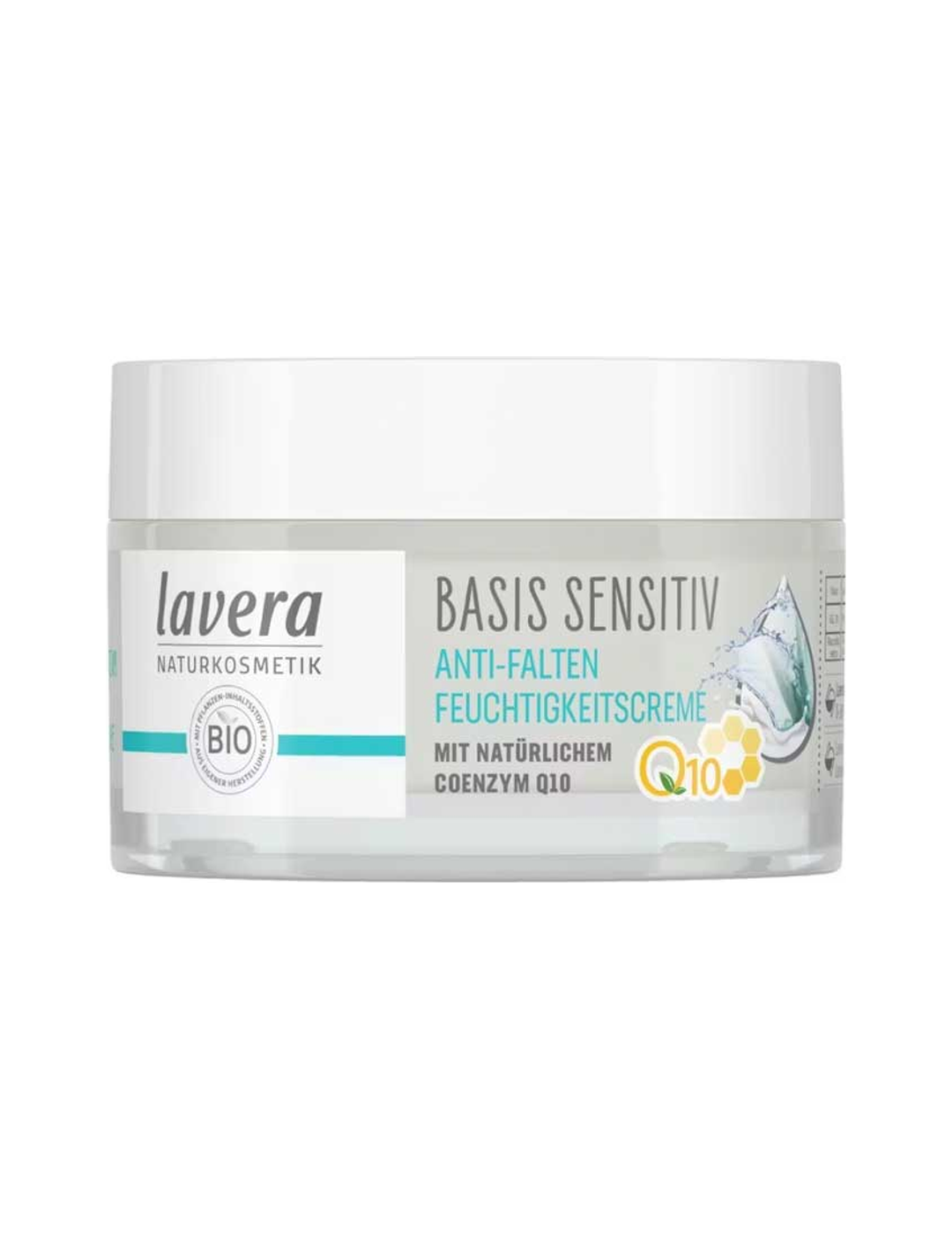 Lavera Basis Sensitiv Q10 Moisturising Day Cream 50ml closed jar on a white background.