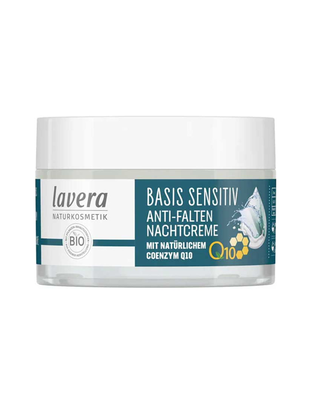 Lavera Basis Sensitiv Q10 Night Cream 50ml closed jar on a white background.