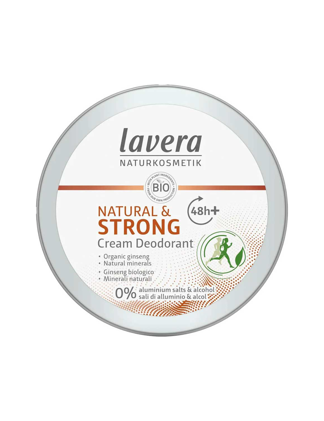 Round silver-coloured Lavera Natural & Strong deodorant cream tin viewed from above, with a white label, orange lettering and a green circular figure graphic.