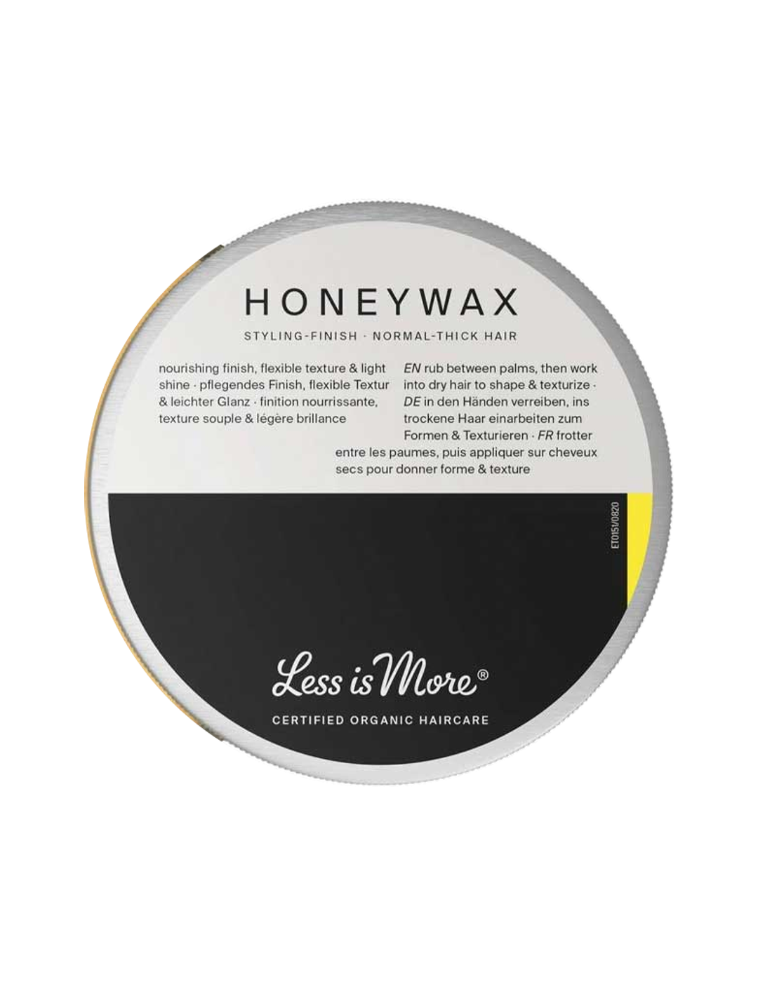 Less is More Honeywax 50g closed lid on a white background.