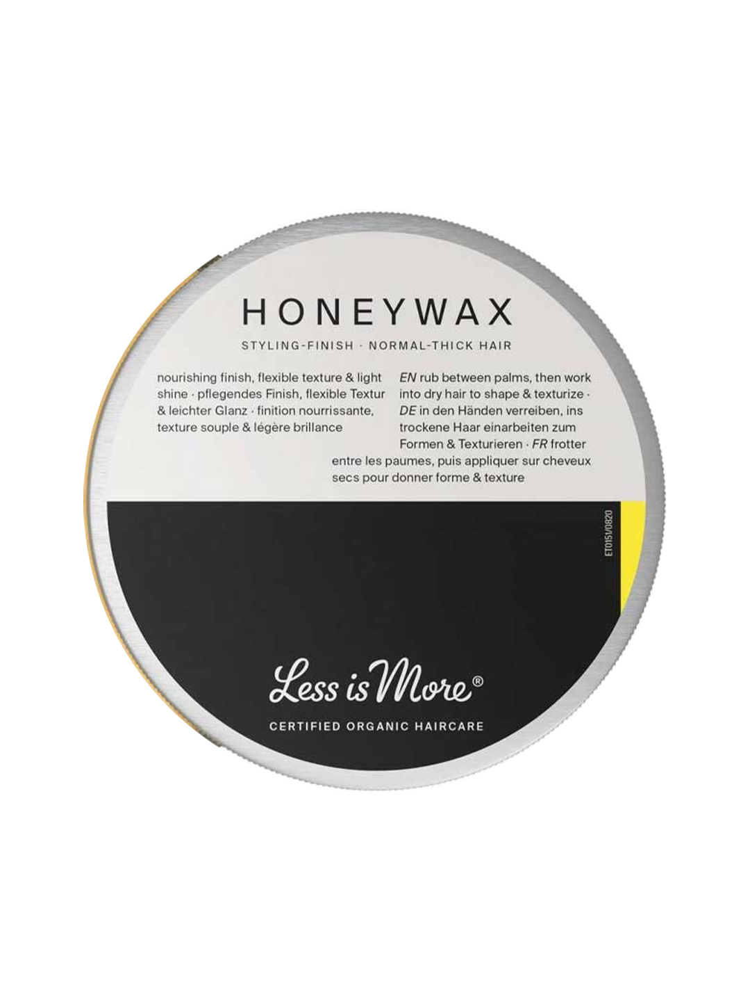 Less is More Honeywax 50g closed lid on a white background.