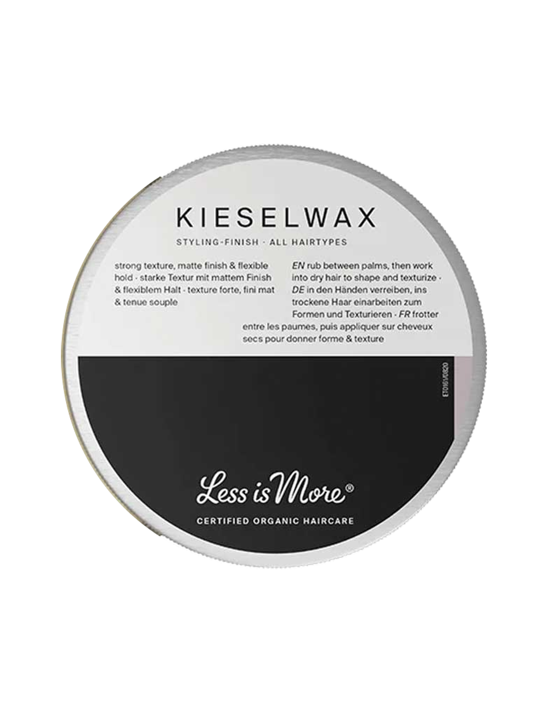 Less is More Kieselwax 50g closed lid on a white background.