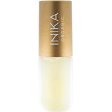 A bottle of INIKA Organic Lip Oil - Collagen + Squalane Clear, featuring a gold cap and frosted glass base, photographed against a white background.