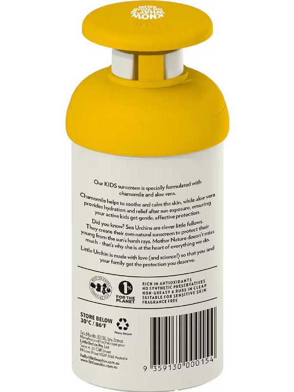 Little Urchin Kids Natural Clear Zinc Sunscreen SPF50+ 300g — the back label of the yellow 300g pump bottle.