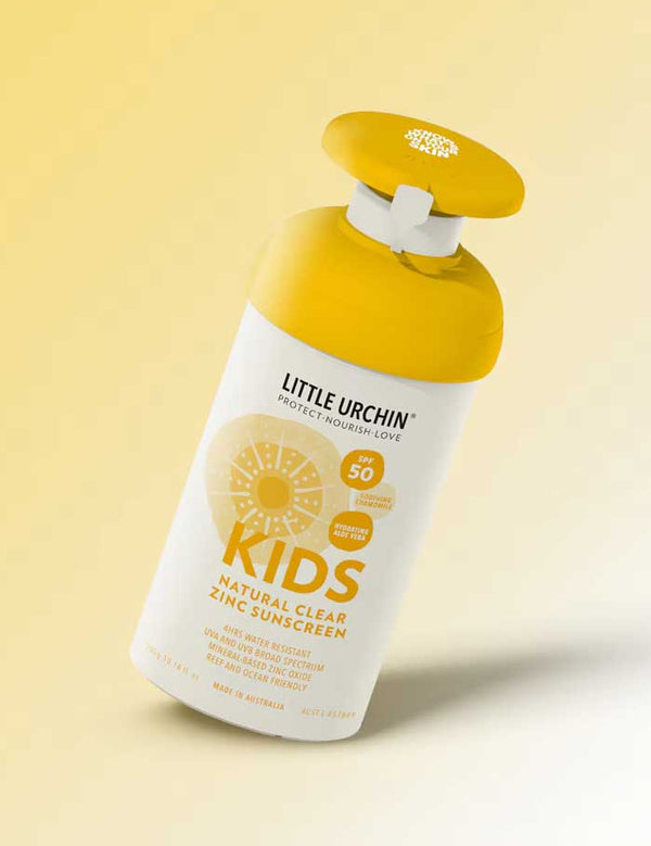 Little Urchin Kids Natural Clear Zinc Sunscreen SPF50+ 300g — the yellow 300g pump bottle on a pale yellow background.