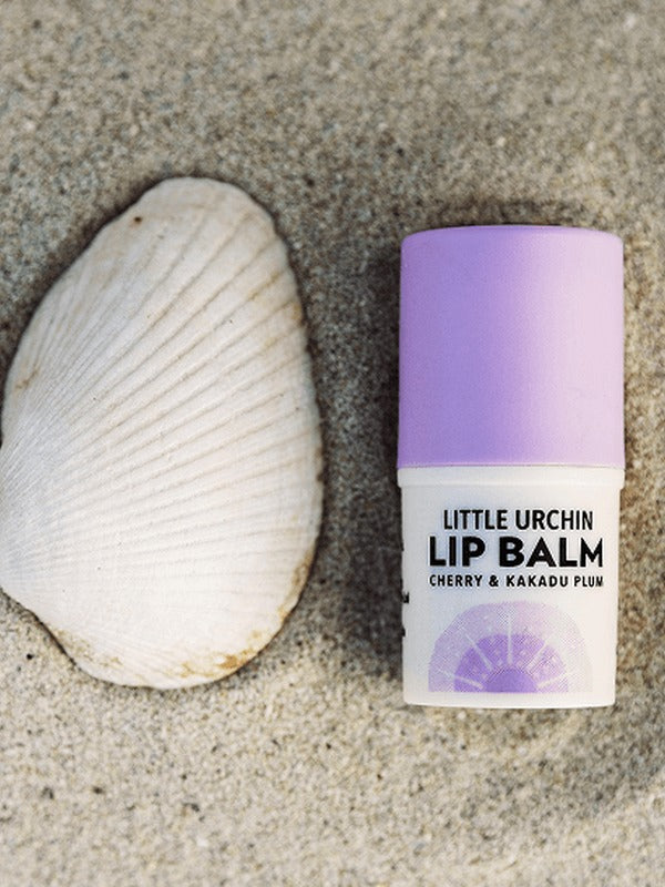 Little Urchin cherry lip balm styled on sand with a shell