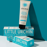 Little Urchin Natural Clear Zinc Sunscreen SPF30 100g — the sunscreen tube displayed on matching teal packaging.