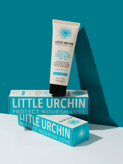 Little Urchin Natural Clear Zinc Sunscreen SPF30 100g — the sunscreen tube displayed on matching teal packaging.