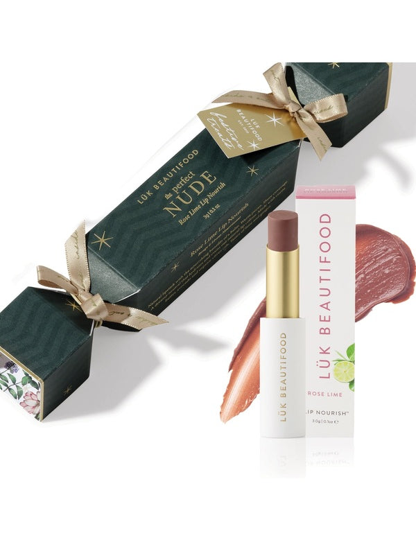 Luk Beautifood Bon Bon Rose Lime Lipstick Cracker gift set with green cracker packaging, Rose Lime Lip Nourish lipstick, white carton and a nude rose colour swatch.