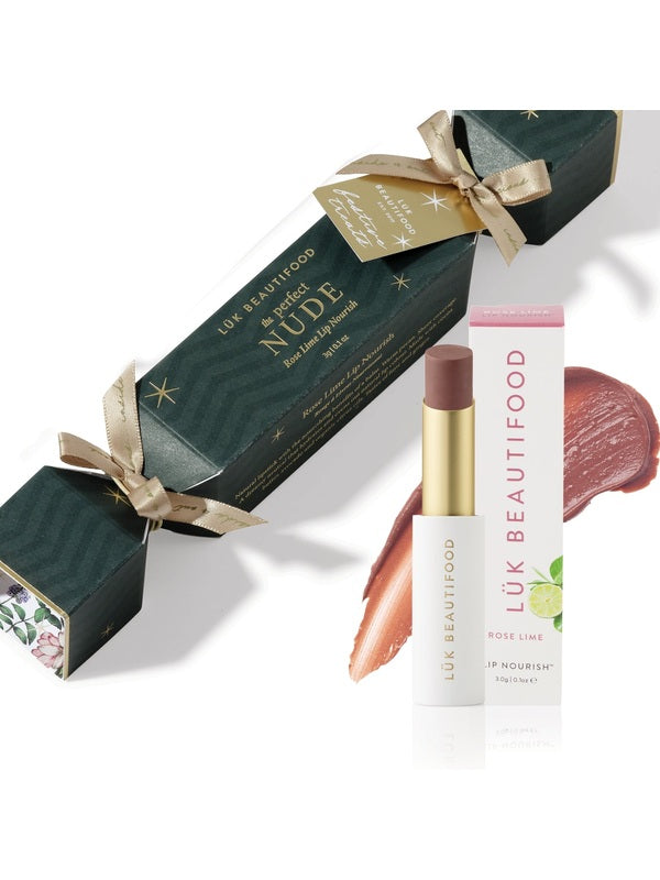 Luk Beautifood Bon Bon Rose Lime Lipstick Cracker gift set with green cracker packaging, Rose Lime Lip Nourish lipstick, white carton and a nude rose colour swatch.
