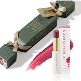Luk Beautifood Bon Bon Rosé Lipstick Cracker gift set with green cracker packaging, Rosé Lip Nourish lipstick, white carton and a berry-pink colour swatch.