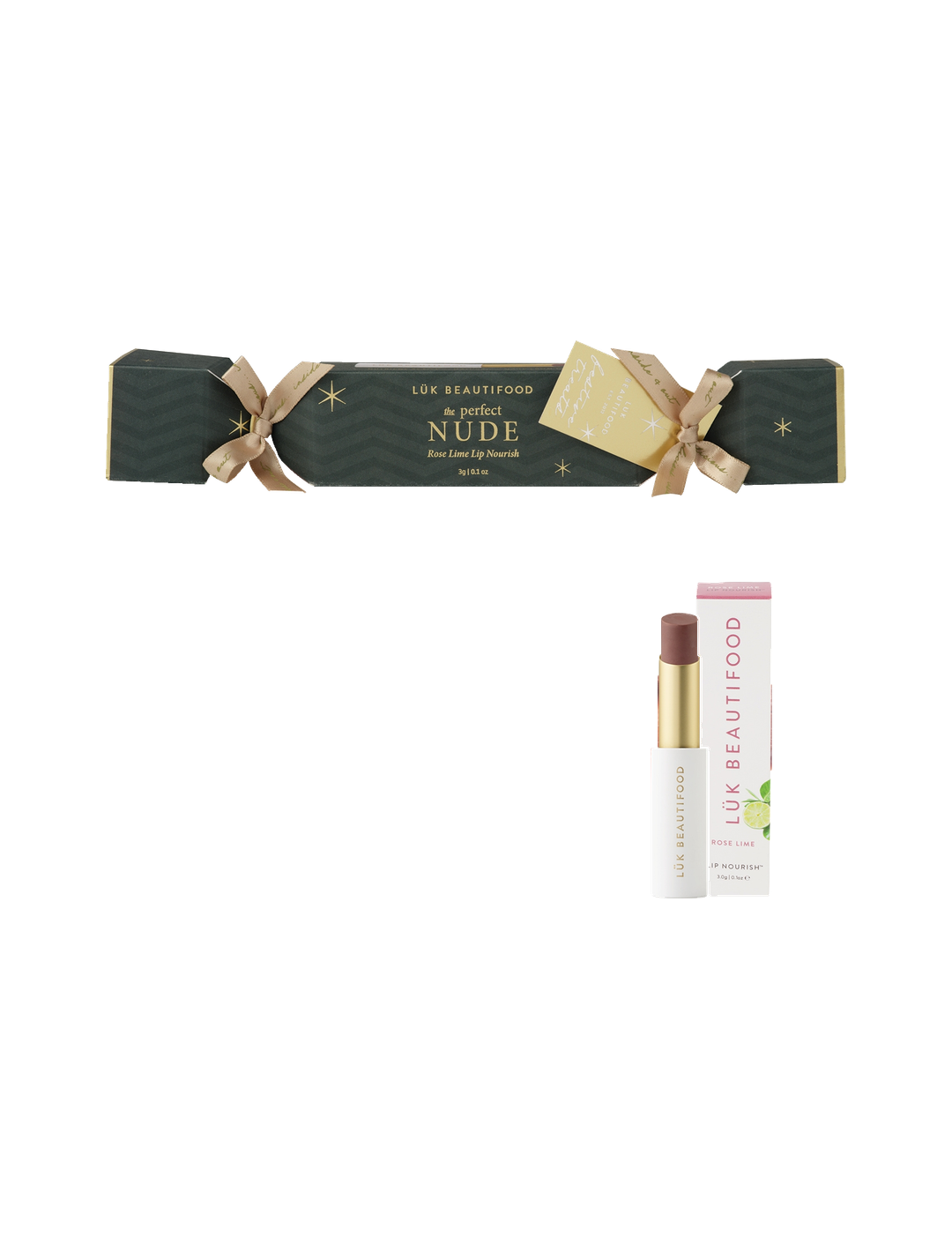 Luk Beautifood Bon Bon Lip Nourish Cracker in The Perfect Nude: a dark green cracker with gold ribbons and tag, shown with Rose Lime lipstick and its carton.