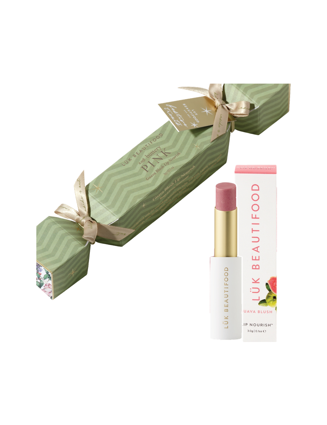 Luk Beautifood Bon Bon Guava Blush Lipstick Cracker on white: light green Christmas cracker tied with gold ribbons, alongside an open pink lipstick and its white carton.