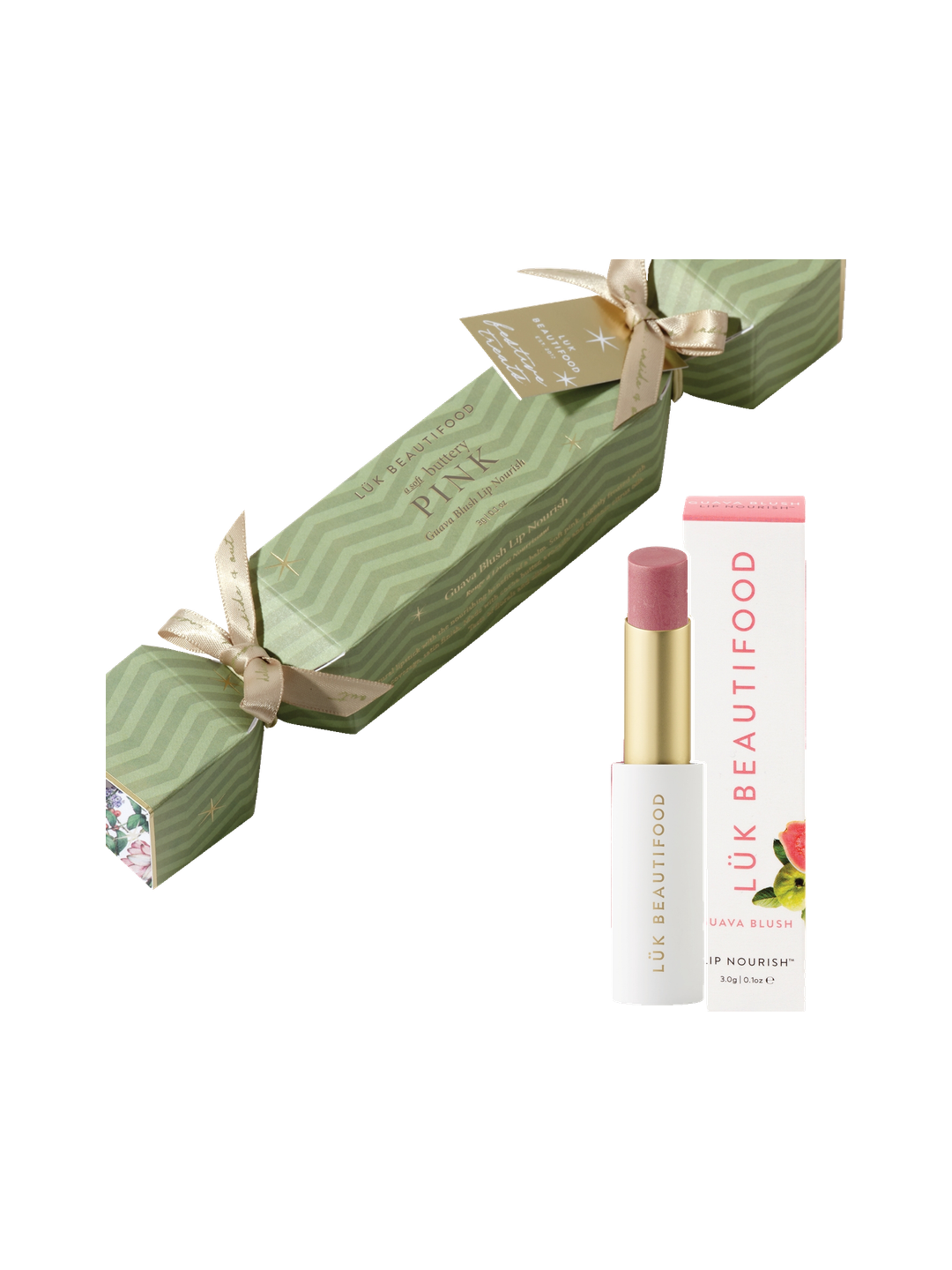 Luk Beautifood Bon Bon Guava Blush Lipstick Cracker on white: light green Christmas cracker tied with gold ribbons, alongside an open pink lipstick and its white carton.