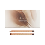 Luk Beautifood Warm Cocoa Luminous Eye Crayon Duo on white: gift box above two wooden eye pencils in rosy-taupe Mushroom and bronze-brown Cocoa.
