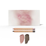 Soft Taupe Luminous Eye Crayon Duo: gift box, Sorbet and Truffle wooden crayons, and matching dusty-rose and deep charcoal-taupe swatches.