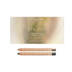 Luk Beautifood Luminous Eye Crayon Duo in Golden Olive: a gold-green gift box above two wooden eye crayons in Champagne and Olive.