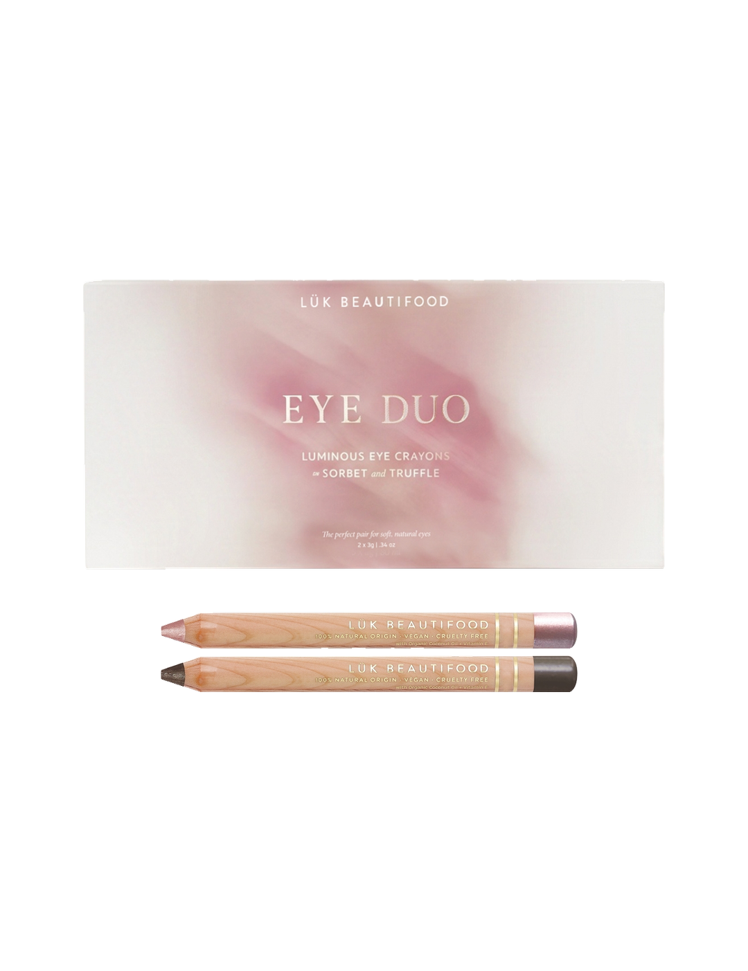 Luk Beautifood Soft Taupe Luminous Eye Crayon Duo on white: gift box above two wooden eye pencils in dusty-rose Sorbet and charcoal-taupe Truffle.