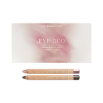 Luk Beautifood Soft Taupe Luminous Eye Crayon Duo on white: gift box above two wooden eye pencils in dusty-rose Sorbet and charcoal-taupe Truffle.