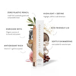 Luminous Eye Crayon and carton beside eight shade swatches and botanical ingredients. Callouts describe a wood pencil, organic coconut oil, vitamin E, highlighting and defining, an eco-friendly lid and soft shimmer.