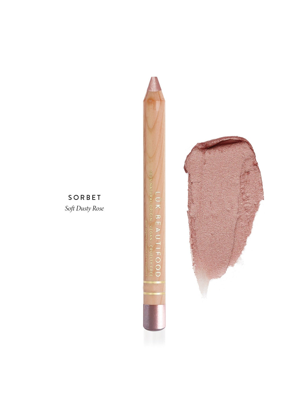 Luk Beautifood Luminous Eye Crayon in Sorbet, a wooden pencil beside a muted rose-pink swatch labelled Soft Dusty Rose.