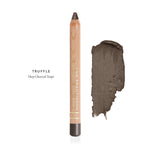 Luk Beautifood Luminous Eye Crayon in Truffle, a wooden pencil beside a deep brown-grey swatch labelled Deep Charcoal Taupe.