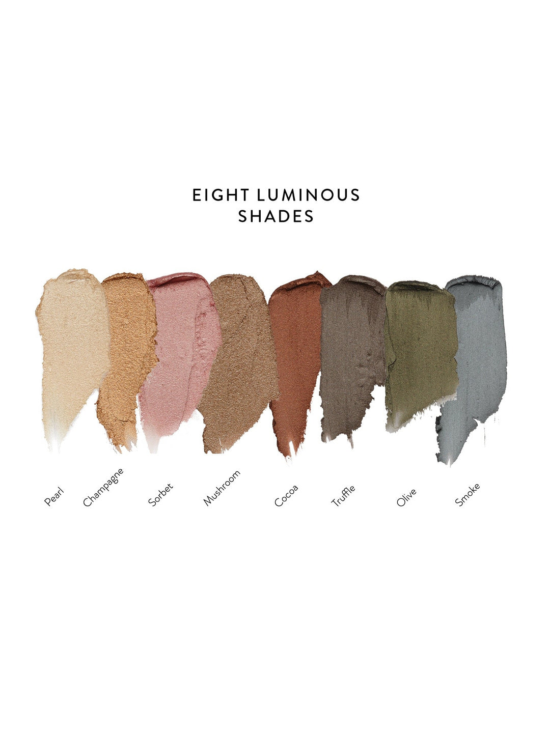 Luminous Eye Crayon colour chart: eight creamy shimmer swatches labelled Pearl, Champagne, Sorbet, Mushroom, Cocoa, Truffle, Olive and Smoke, arranged from light gold to deep grey.