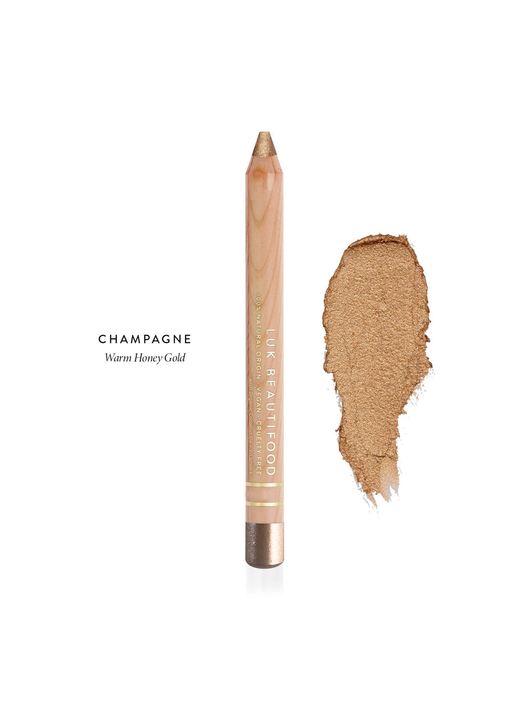 Luk Beautifood Luminous Eye Crayon in Champagne, a wooden pencil beside a shimmering honey-gold swatch labelled Warm Honey Gold.