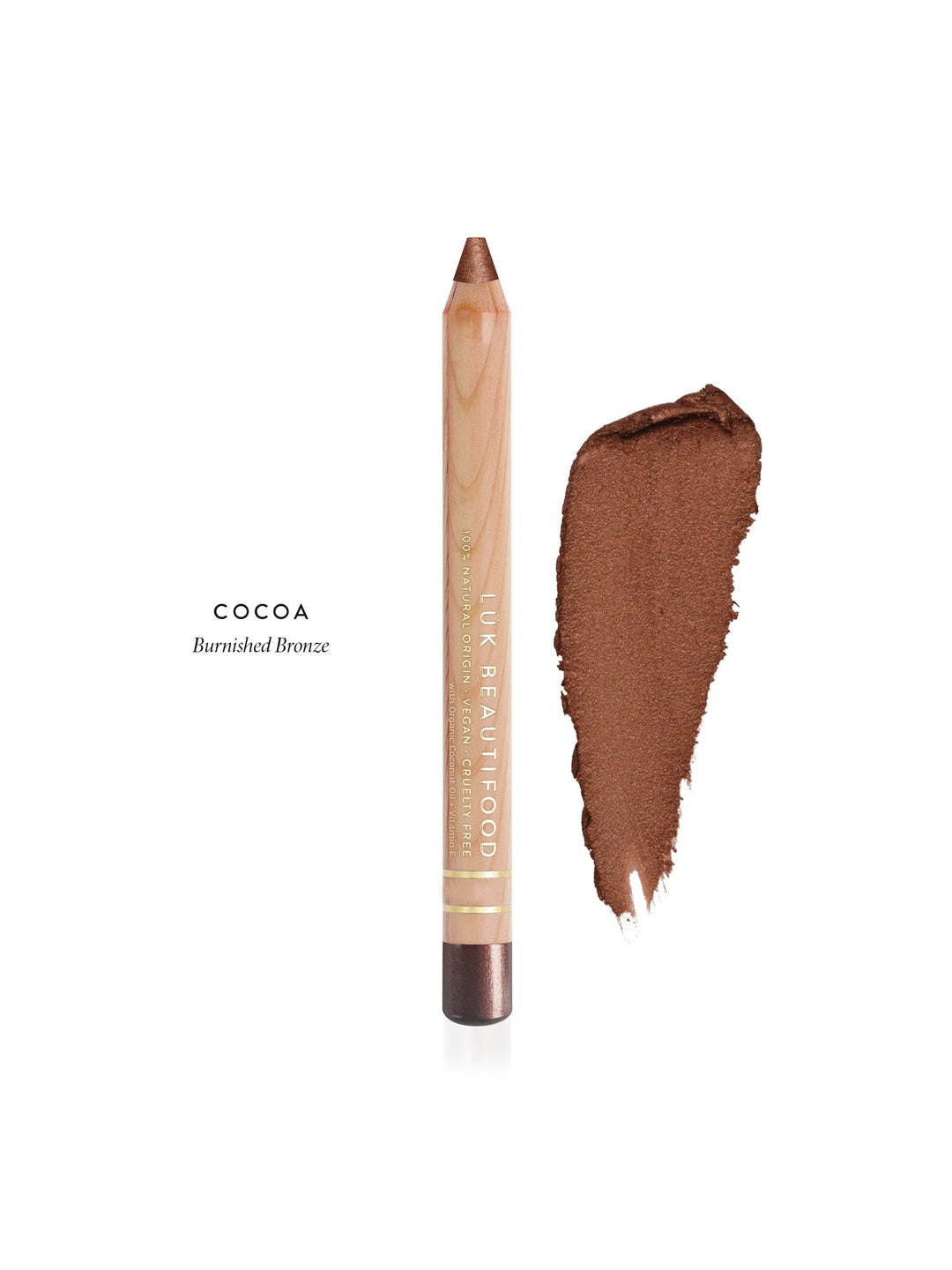 Luk Beautifood Luminous Eye Crayon in Cocoa, a wooden pencil beside a warm bronze-brown swatch labelled Burnished Bronze.