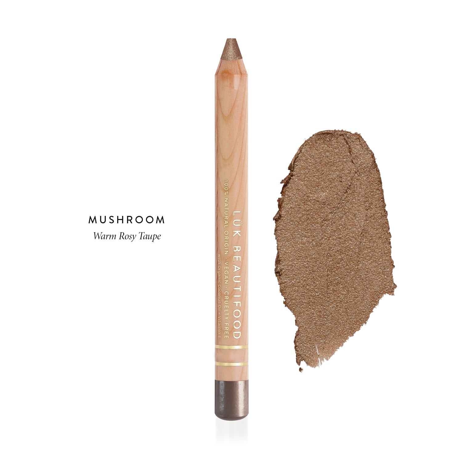 Luk Beautifood Luminous Eye Crayon in Mushroom, a wooden pencil beside a rosy brown-taupe swatch labelled Warm Rosy Taupe.