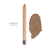 Luk Beautifood Luminous Eye Crayon in Mushroom, a wooden pencil beside a rosy brown-taupe swatch labelled Warm Rosy Taupe.