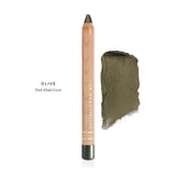Luk Beautifood Luminous Eye Crayon in Olive, a wooden pencil beside a muted green shimmer swatch labelled Dark Khaki Green.