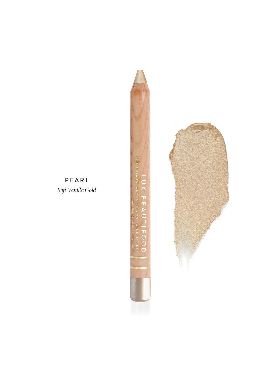 Luk Beautifood Luminous Eye Crayon in Pearl, a wooden pencil beside a pale creamy-gold swatch labelled Soft Vanilla Gold.