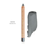 Luk Beautifood Luminous Eye Crayon in Smoke, a wooden pencil beside a deep grey shimmer swatch labelled Deep Silver Grey.