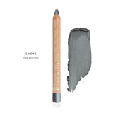 Luk Beautifood Luminous Eye Crayon in Smoke, a wooden pencil beside a deep grey shimmer swatch labelled Deep Silver Grey.