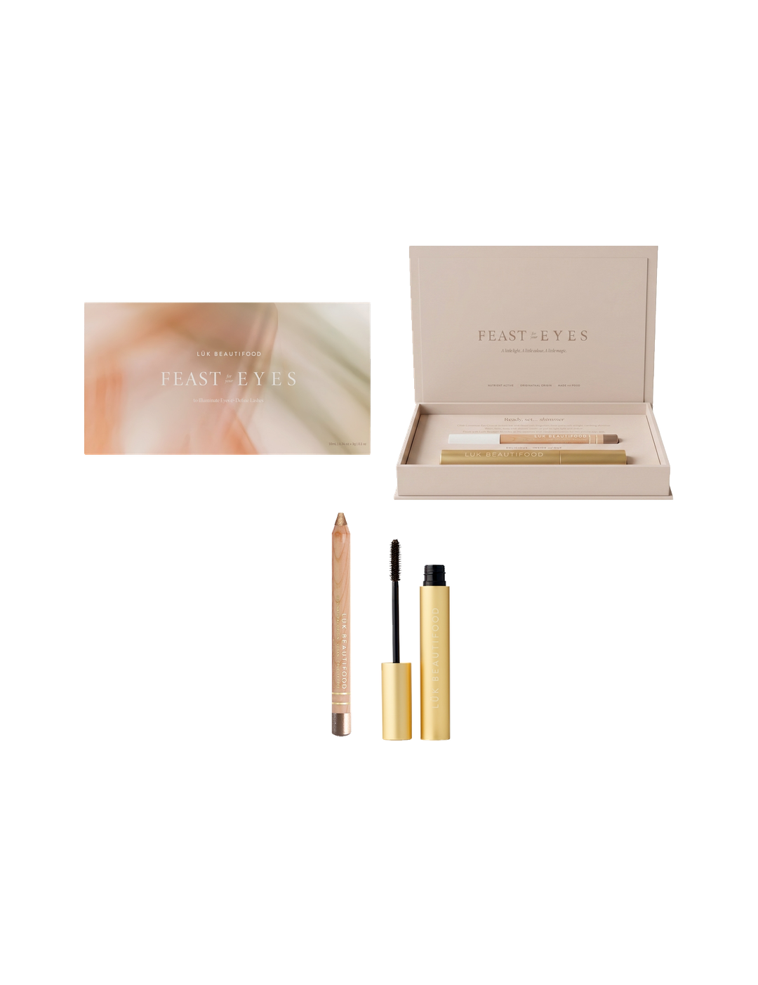 Luk Beautifood Feast for your Eyes Espresso Set on white: pink-and-gold sleeve and open gift box with Espresso mascara, its wand and a Champagne wooden eye crayon.
