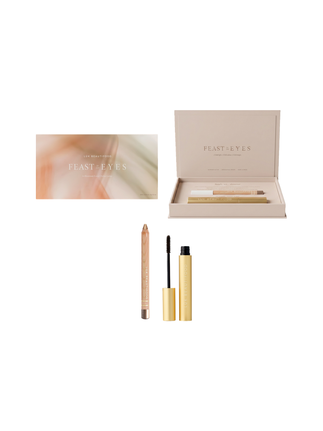 Luk Beautifood Feast for your Eyes Espresso Set on white: pink-and-gold sleeve and open gift box with Espresso mascara, its wand and a Champagne wooden eye crayon.