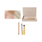 Luk Beautifood Feast for your Eyes Espresso Set on white: pink-and-gold sleeve and open gift box with Espresso mascara, its wand and a Champagne wooden eye crayon.