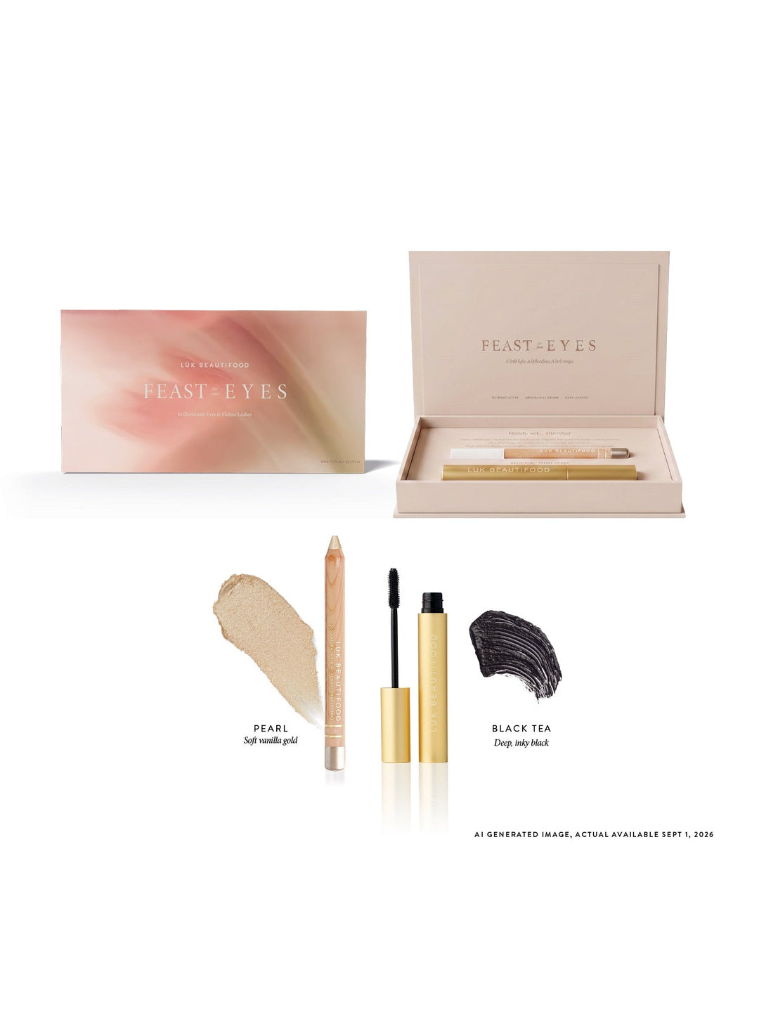 Feast for your Eyes Gift Set in Black Tea and Pearl: open gift box, mascara and wooden eye crayon with black and pale-gold swatches. Supplier image is labelled as an AI-generated product preview.