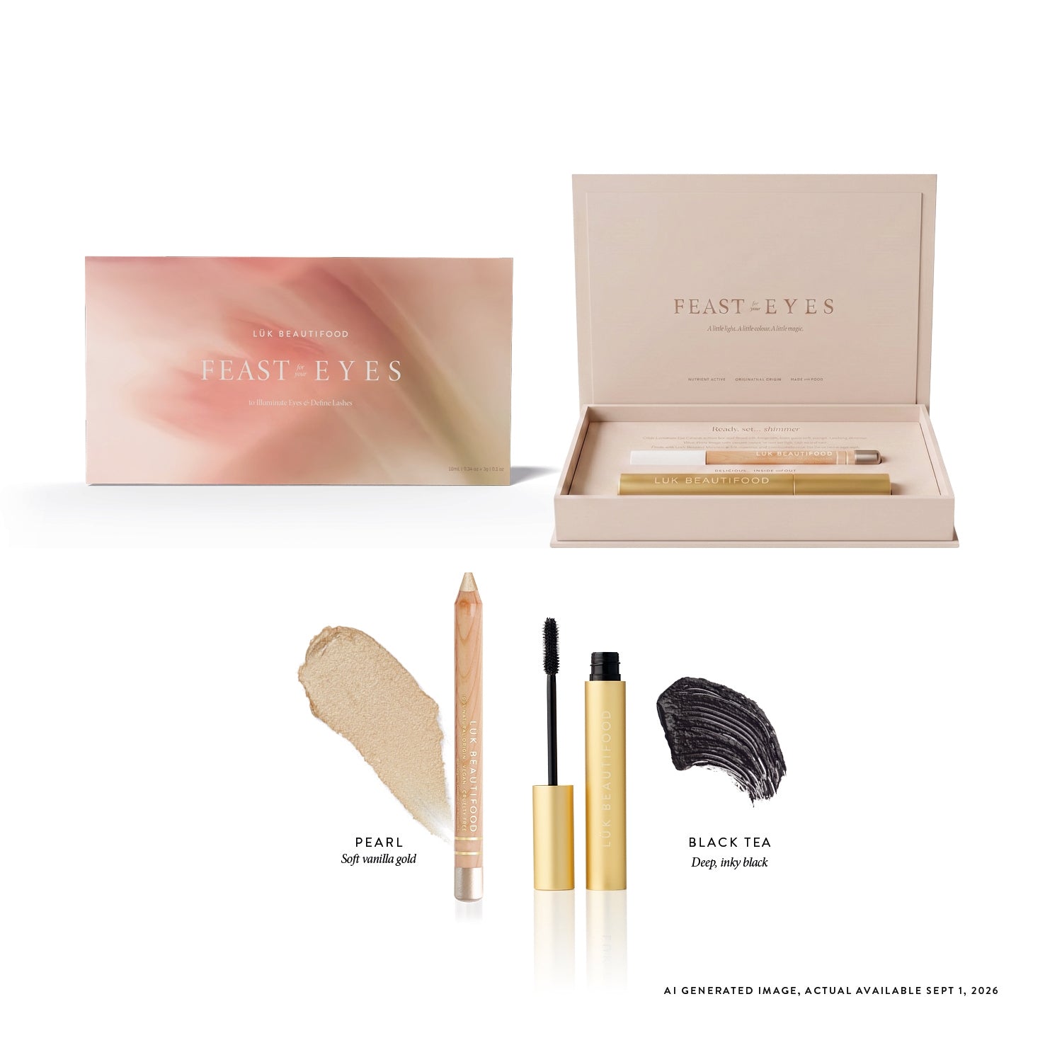 Feast for your Eyes Gift Set in Black Tea and Pearl: open gift box, mascara and wooden eye crayon with black and pale-gold swatches. Supplier image is labelled as an AI-generated product preview.