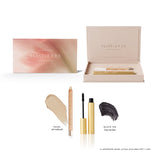 Feast for your Eyes Gift Set in Black Tea and Pearl: open gift box, mascara and wooden eye crayon with black and pale-gold swatches. Supplier image is labelled as an AI-generated product preview.