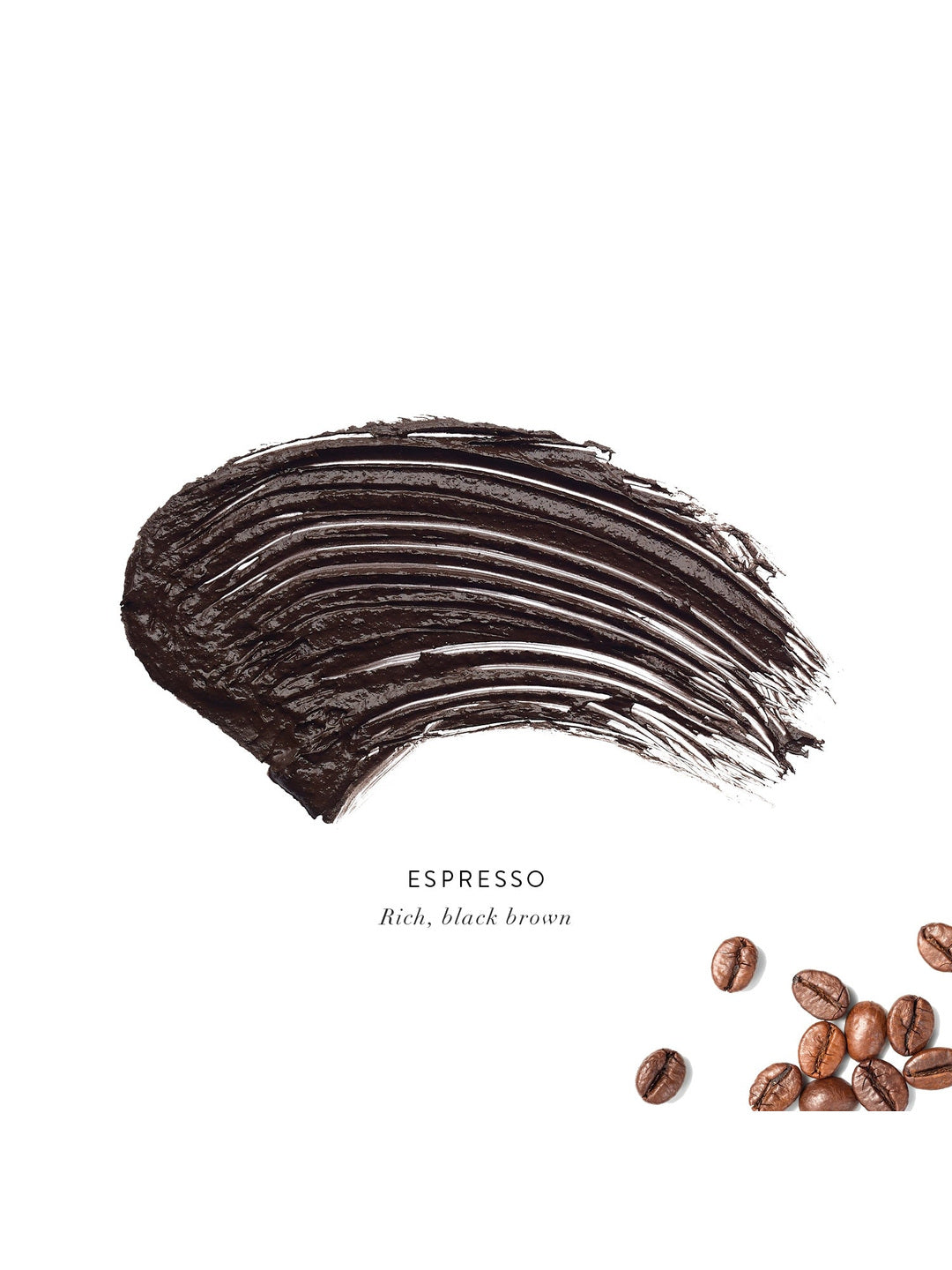 Espresso Lash Nourish Mascara swatch showing a thick, textured stroke of rich black-brown mascara, with coffee beans in the corner.