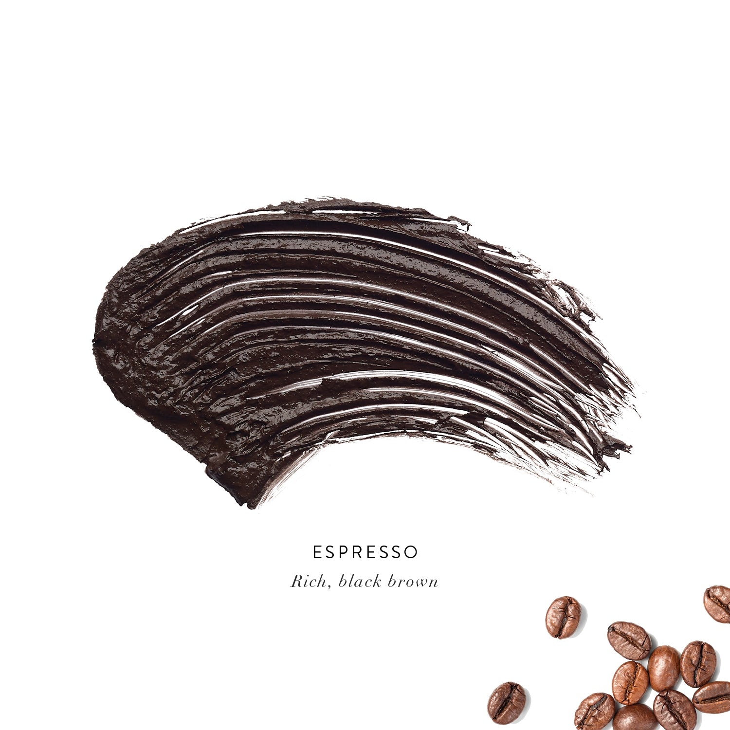 Espresso Lash Nourish Mascara swatch showing a thick, textured stroke of rich black-brown mascara, with coffee beans in the corner.