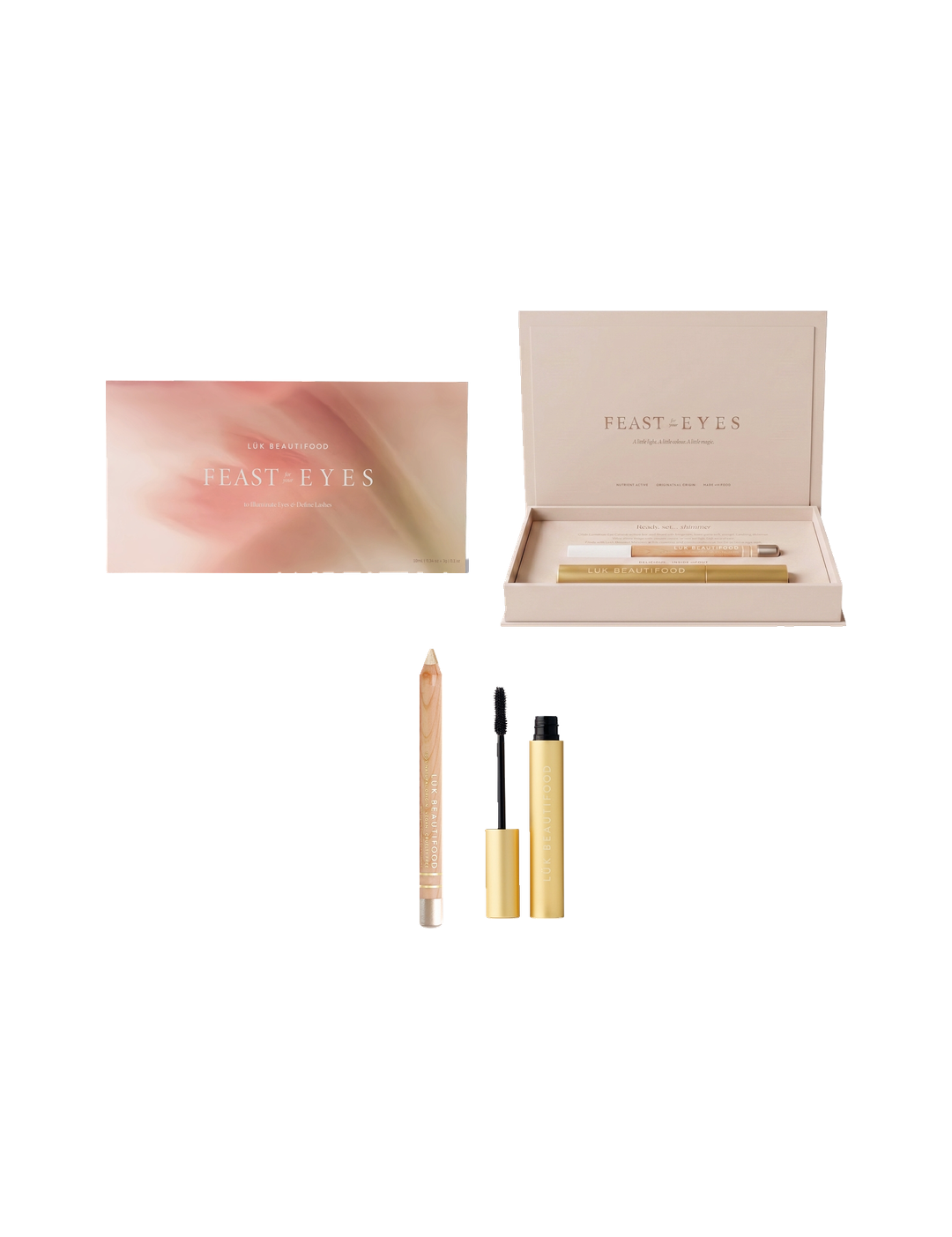 Luk Beautifood Feast for your Eyes Gift Set in Black Tea and Pearl, showing the pink-and-gold outer sleeve, open presentation box, Pearl eye crayon and gold mascara tube with wand.