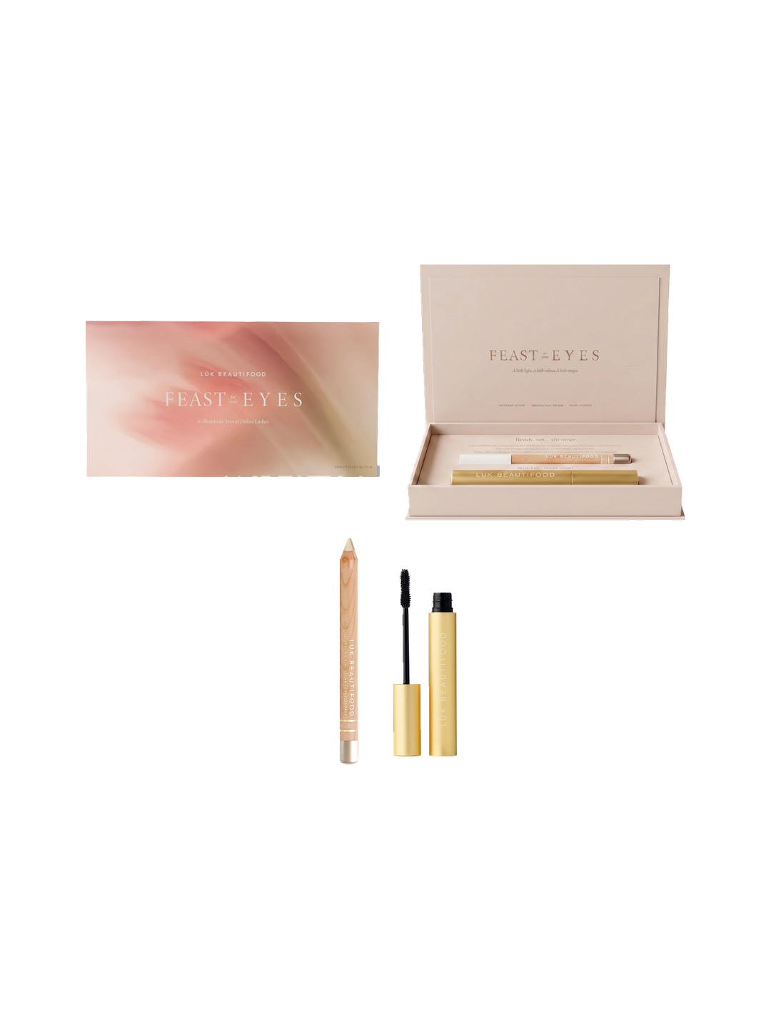 Luk Beautifood Feast for your Eyes Gift Set in Black Tea and Pearl, showing the pink-and-gold outer sleeve, open presentation box, Pearl eye crayon and gold mascara tube with wand.