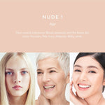 Luk Beautifood Instant Glow Skin Tint Nude 1 Fair shown on three compatible skin tones