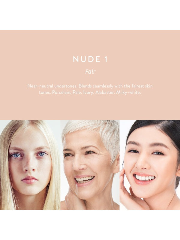 Luk Beautifood Instant Glow Skin Tint Nude 1 Fair shown on three compatible skin tones
