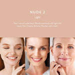 Luk Beautifood Instant Glow Skin Tint Nude 2 Light shown on three compatible skin tones