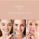 Luk Beautifood Instant Glow Skin Tint Nude 2 Light shown on three compatible skin tones